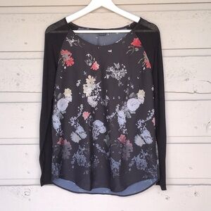 NWOT FRENCH CONNECTION DEMI SHEER FLORAL TOP WITH CONTRAST BLACK SLEEVES